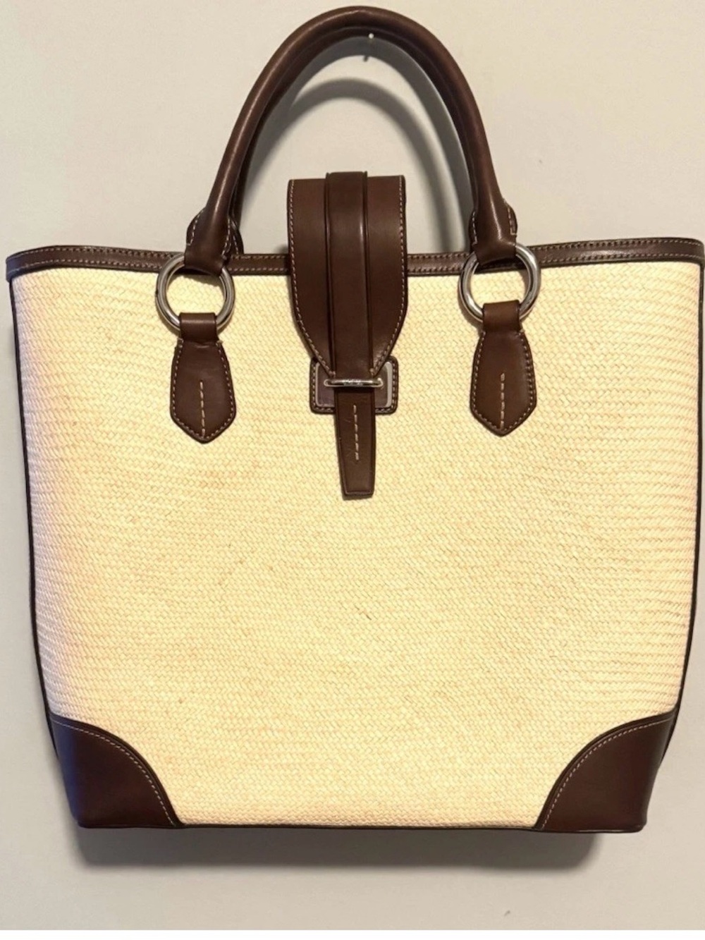 TUMI Large Straw Raffia Leather Tote Bag Brown Trim Blue Stripe Lining Shopper